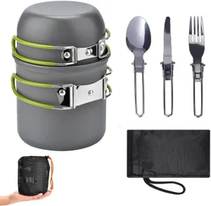 Outdoor Camping Pot Set, 1 Set Including 1 Folding Pan with Lid, 1 Fork, 1 Spoon, 1 Knife, 1 Storage Bag, Kitchen Accessories, Portable Cookware Kit for Outdoor Camping