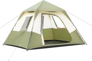 Outdoor Camping Tent, Quick-Open Cabin Tent, Set Up in 60 Seconds 6-Person Camping Tent with Rain Cover and Windproof Tent with Carrying Bag, Suitable for Family Camping and Hiking, Green