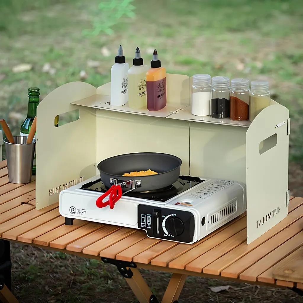 Outdoor Wind Deflector,Cassette Stove Folding Wind Deflector, Steel Windproof Hood for Stove, Gas Stove Wind Deflector, Camping Thickened Stove Ring, Portable 4 Plates Wind Blocker (Khaki)