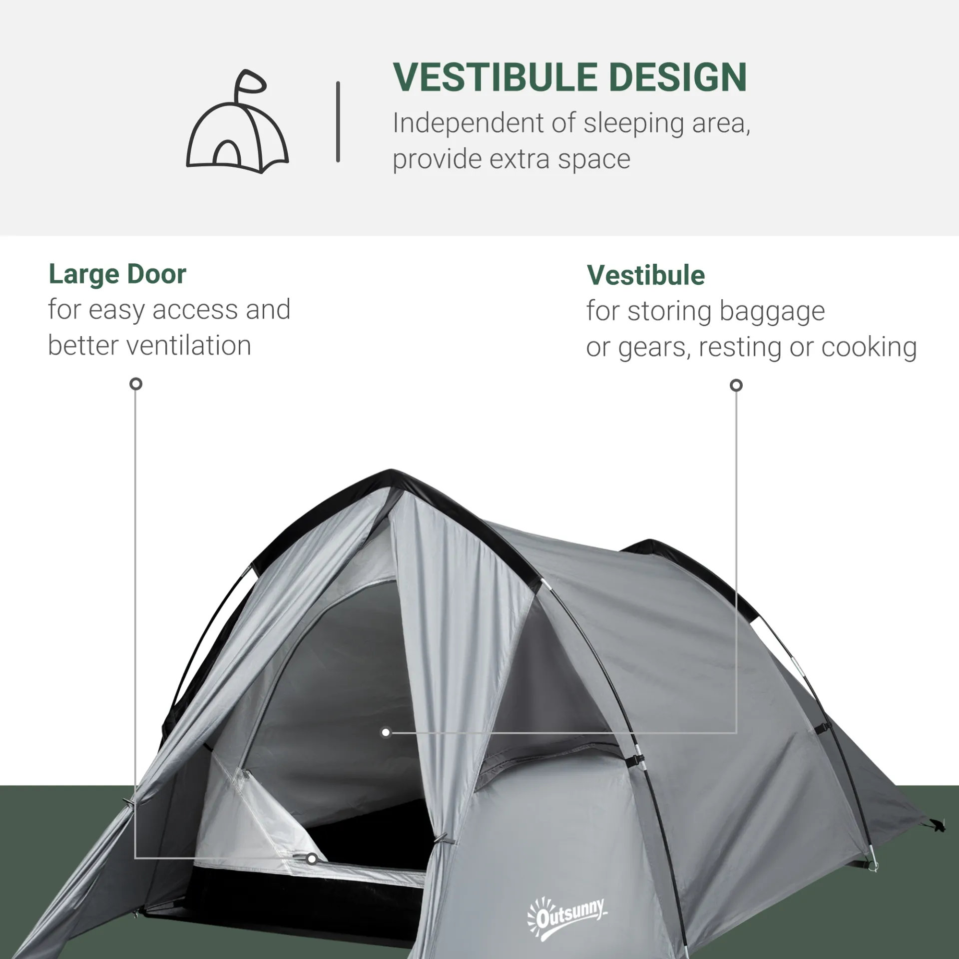 Outsunny 1-2 Man Camping Tunnel Tent  w/ Rain Fly Porch Mesh Window Double Layer Shelter Hiking Home Backpacking Vestibule Lightweight Fishing