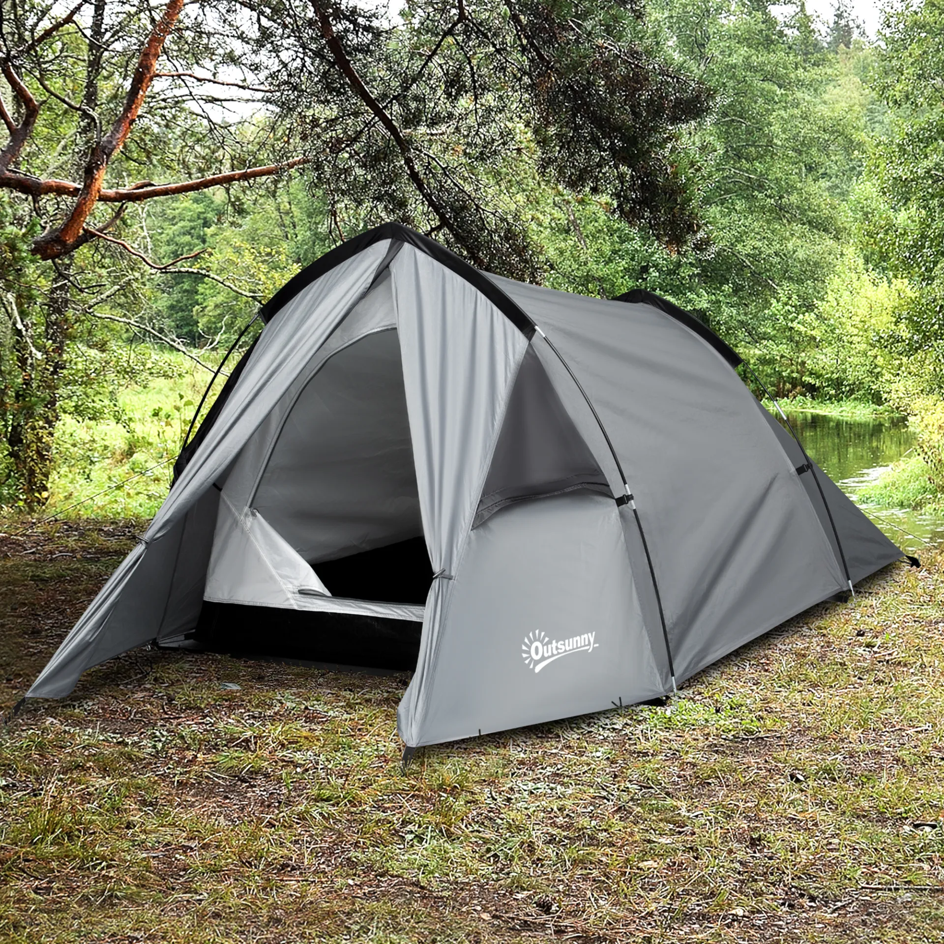 Outsunny 1-2 Man Camping Tunnel Tent  w/ Rain Fly Porch Mesh Window Double Layer Shelter Hiking Home Backpacking Vestibule Lightweight Fishing
