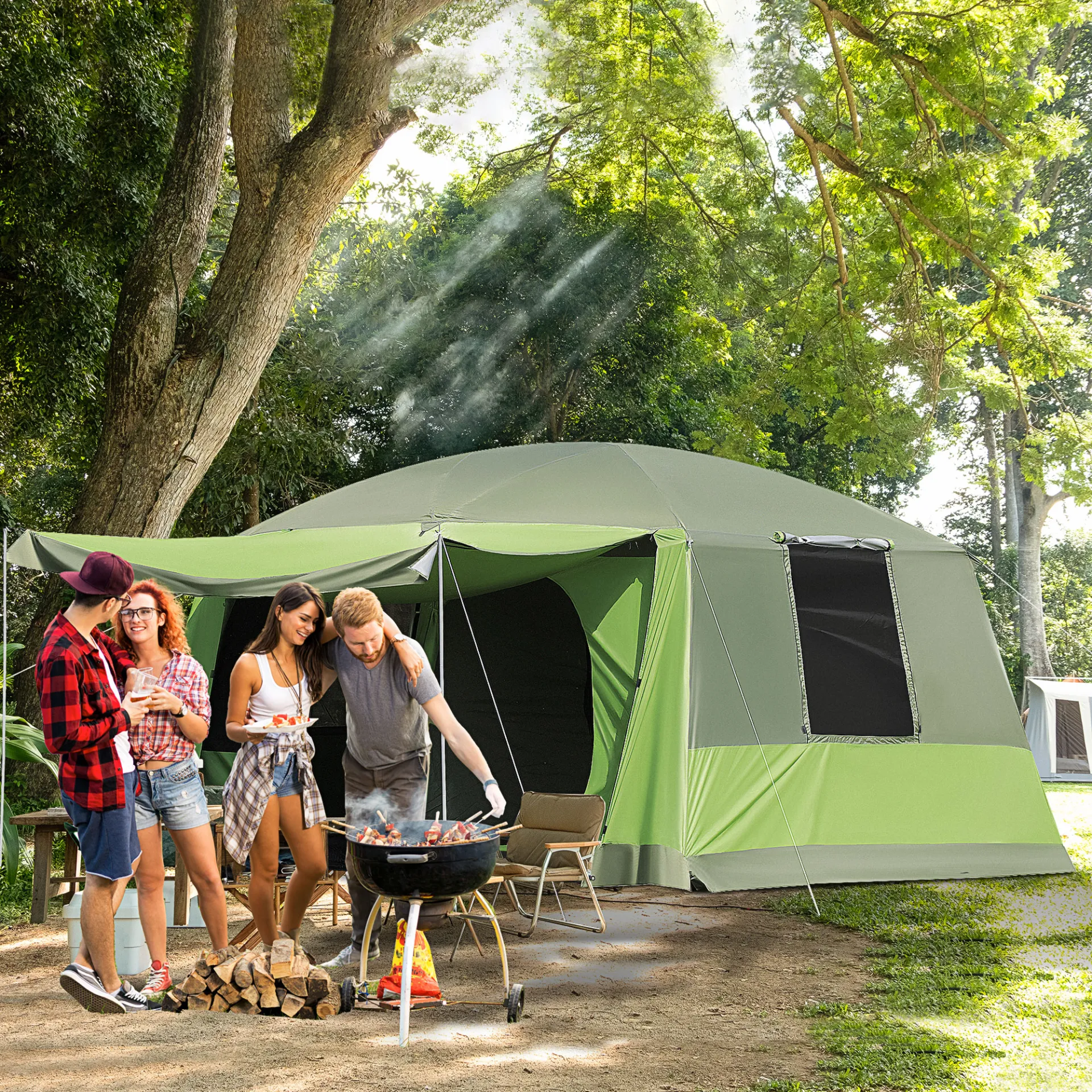 Outsunny Two Room Dome Tent w/ Porch for 4-8 Man, Camping Backpacking Shelter w/ Mesh Windows, Zipped Doors, Lamp Hook & Portable Carry Bag