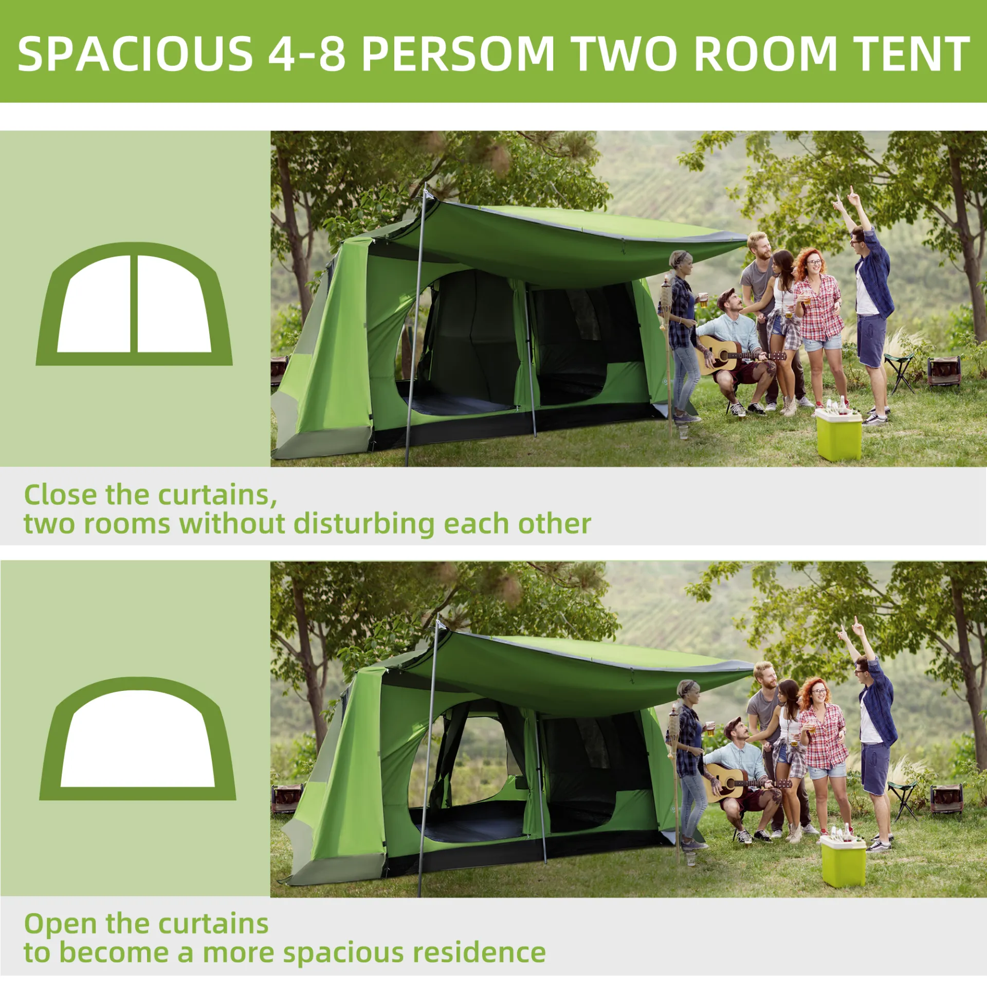 Outsunny Two Room Dome Tent w/ Porch for 4-8 Man, Camping Backpacking Shelter w/ Mesh Windows, Zipped Doors, Lamp Hook & Portable Carry Bag