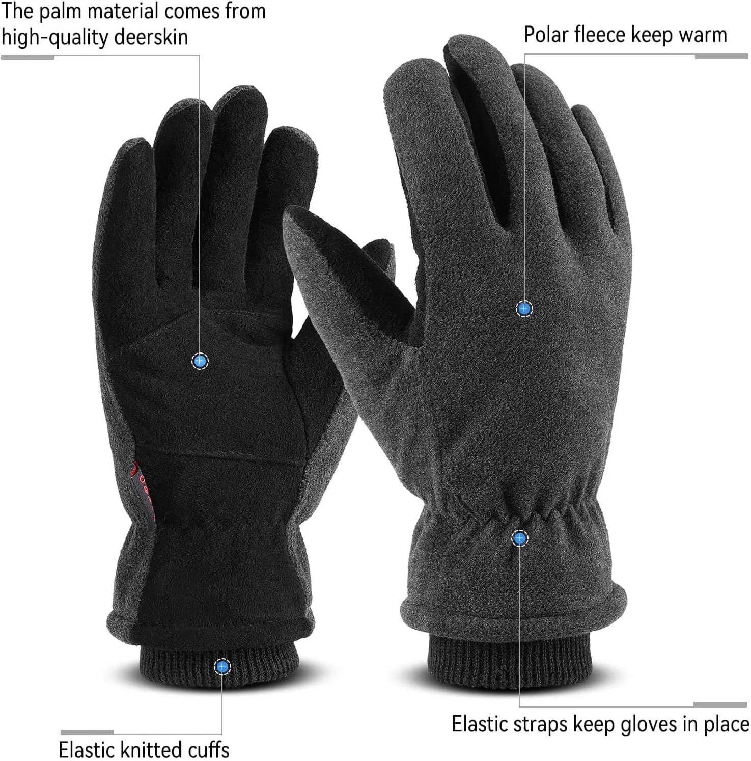 OZERO Men & Women Winter Gloves -30°F Deerskin Leather Water-resistant Windproof Cold Weather Glove for Driving Hiking