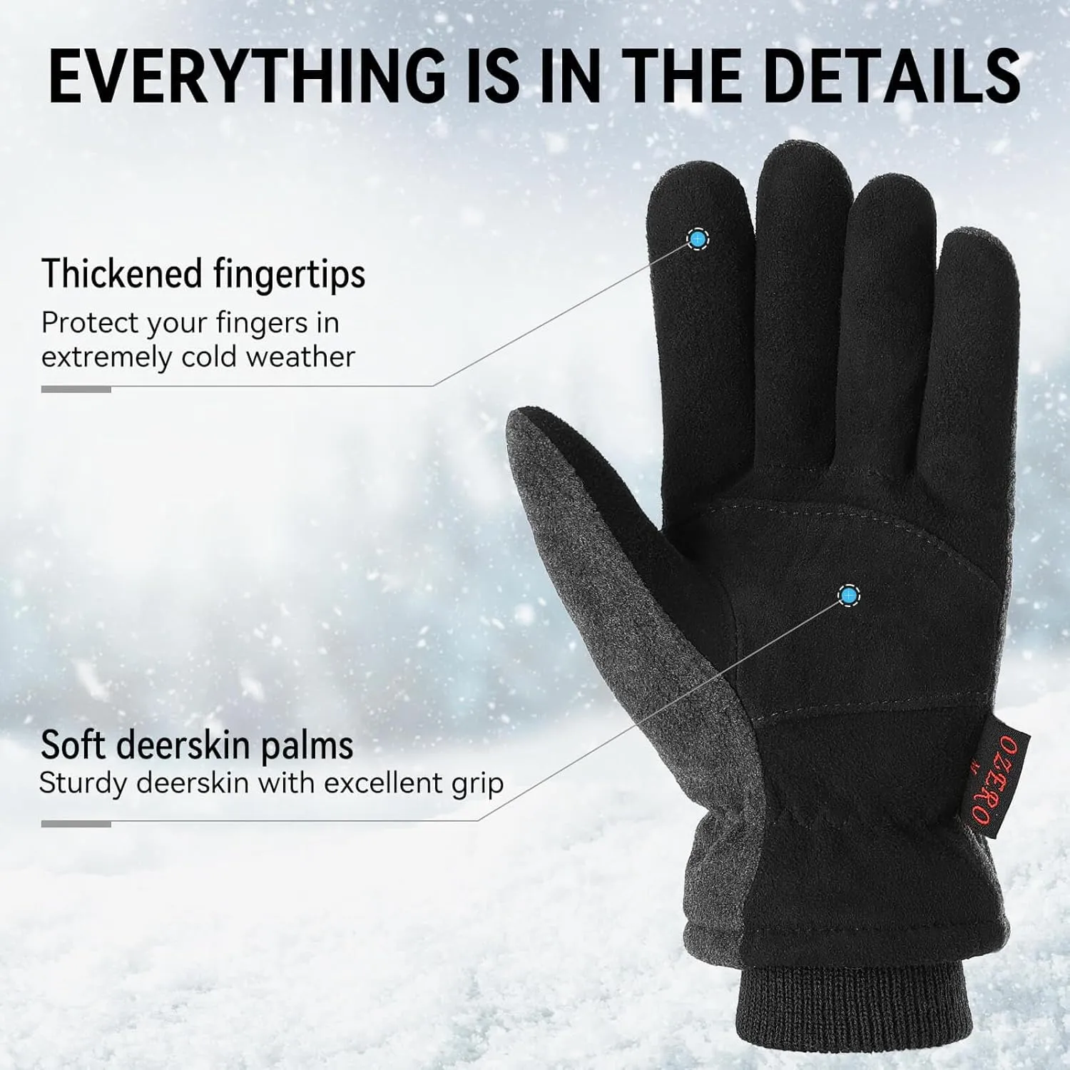 OZERO Men & Women Winter Gloves -30°F Deerskin Leather Water-resistant Windproof Cold Weather Glove for Driving Hiking