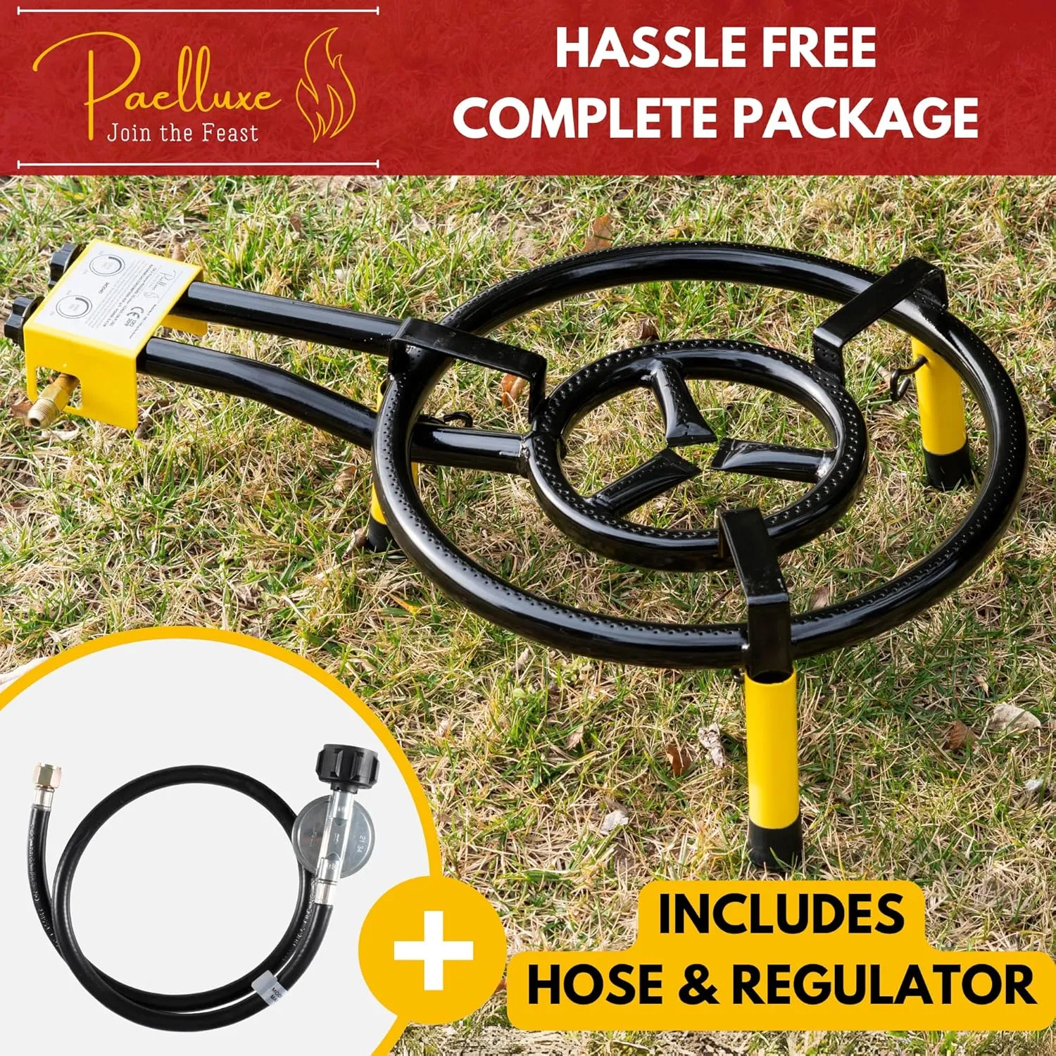 Paella Burner and Stand Set 16 Inch Dual Ring Propane Burner Outdoor Stove with Table Top Stand & Regulator, Portable Gas Cooker Wok Burner for Camping, Crawfish Boil Cooking Outdoor Paellera