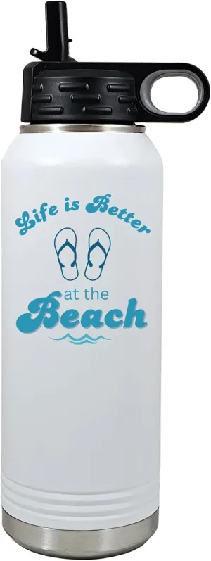 Palm City Products Life is Better at the Beach 32 oz White Water Bottle – Coastal Lifestyle Tumbler with Flip Top Lid – Insulated Beach Hydration Bottle