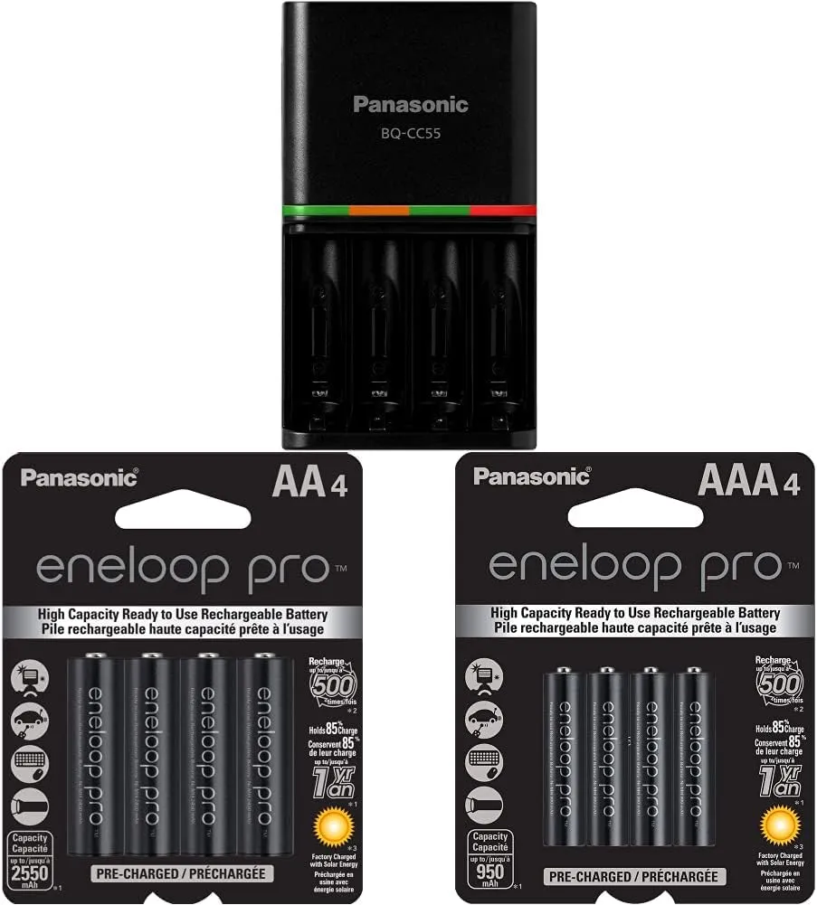 Panasonic BQ-CC55KSBHA Advanced 4 Hour Quick Charger, Black & BK-3HCCA4BA AA High-Capacity Ni-MH Batteries, 4-Battery Pack & BK-4HCCA4BA AAA High Capacity Rechargeable Batteries, 4-Battery Pack