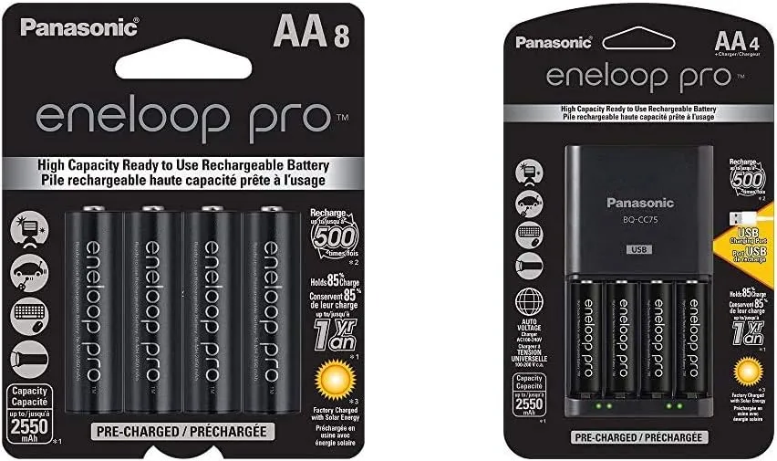 Panasonic Eneloop Pro Ni-MH AA Batteries BK-3HCCA8BA 1.2V 8pk & 4-Cell Battery Charger w/ 4 AA batteries K-KJ75KHC4BA