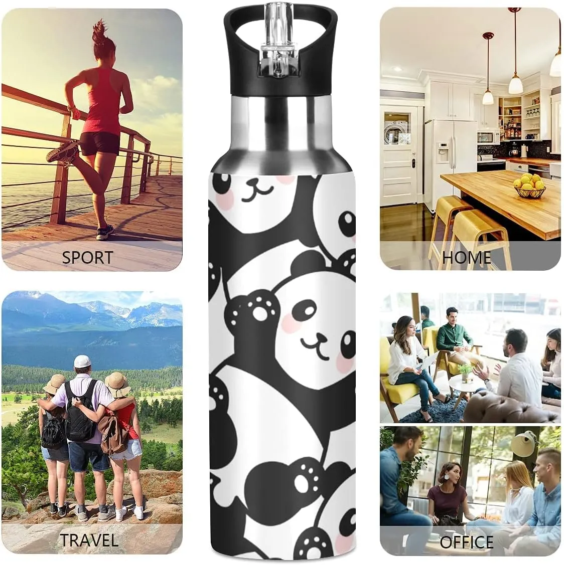 Panda Water Bottle Kids Panda Bottle with Straw Lid Leakproof Cute Animal Print Insulated Stainless Steel Water Flask Bottle for Sports Gym Outdoor 20 oz