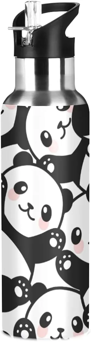 Panda Water Bottle Kids Panda Bottle with Straw Lid Leakproof Cute Animal Print Insulated Stainless Steel Water Flask Bottle for Sports Gym Outdoor 20 oz