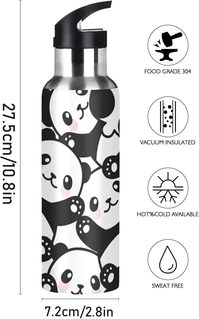 Panda Water Bottle Kids Panda Bottle with Straw Lid Leakproof Cute Animal Print Insulated Stainless Steel Water Flask Bottle for Sports Gym Outdoor 20 oz