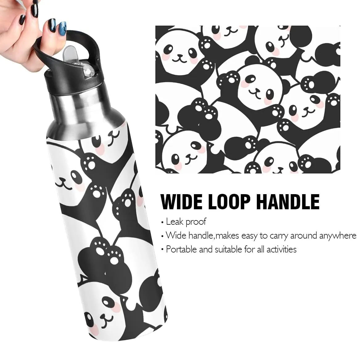 Panda Water Bottle Kids Panda Bottle with Straw Lid Leakproof Cute Animal Print Insulated Stainless Steel Water Flask Bottle for Sports Gym Outdoor 20 oz