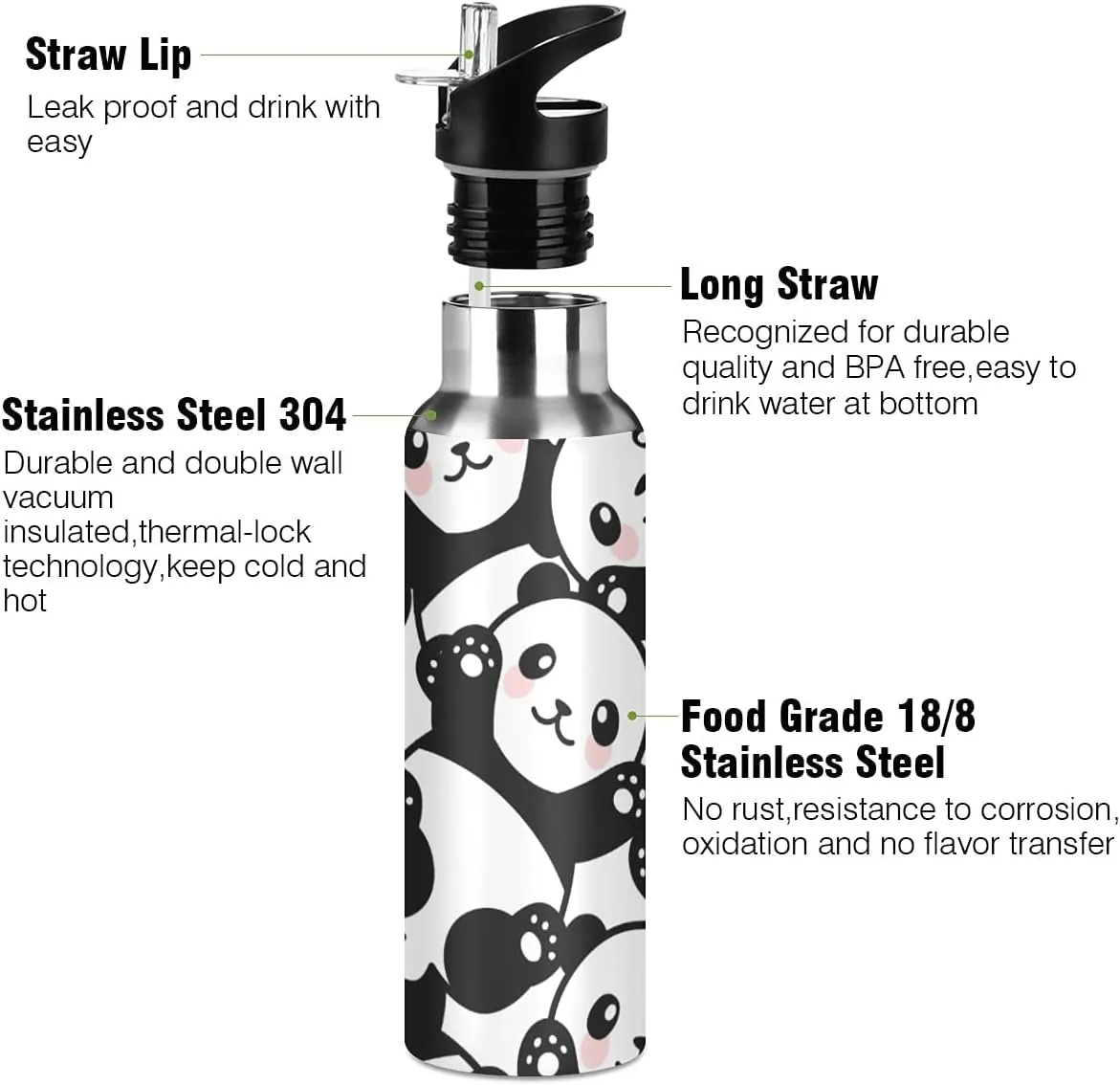 Panda Water Bottle Kids Panda Bottle with Straw Lid Leakproof Cute Animal Print Insulated Stainless Steel Water Flask Bottle for Sports Gym Outdoor 20 oz