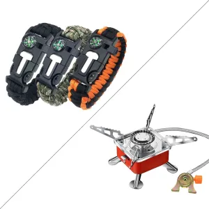Paracord Survival Bracelet (3 Pieces) Black & Camo & Orange Black，ini Square Camping Stove,compact folding, wind proof, Piezo Ignition, Use with butane gas tank((Buckle interface)