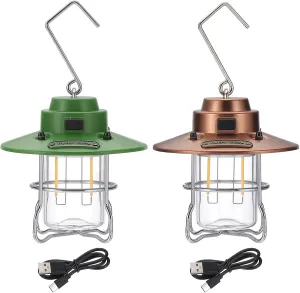 PATIKIL LED Camping Lantern, 2 Pack Vintage Rechargeable Lantern 3 Light Modes Portable Hanging Outdoor Tent Light for Camping Hiking Fishing, Green, Copper 3.66 Inch