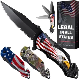 Patriotic Legal Pocket Knife Bald Eagle - 2.95” Serrated Sharp Blade - Small Tactical Knives with US American Flag for Men Dad - Best Folding Tool - Gifts for Him - Mens Birthday Gift Ideas 6680 E