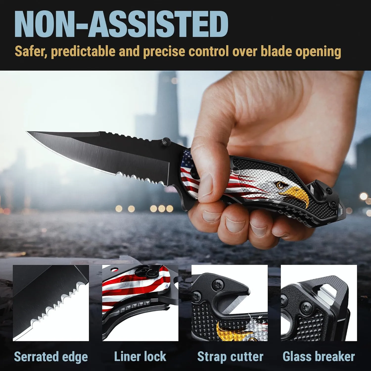 Patriotic Legal Pocket Knife Bald Eagle - 2.95” Serrated Sharp Blade - Small Tactical Knives with US American Flag for Men Dad - Best Folding Tool - Gifts for Him - Mens Birthday Gift Ideas 6680 E