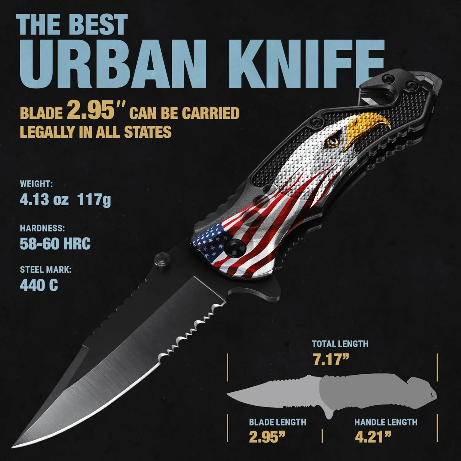 Patriotic Legal Pocket Knife Bald Eagle - 2.95” Serrated Sharp Blade - Small Tactical Knives with US American Flag for Men Dad - Best Folding Tool - Gifts for Him - Mens Birthday Gift Ideas 6680 E