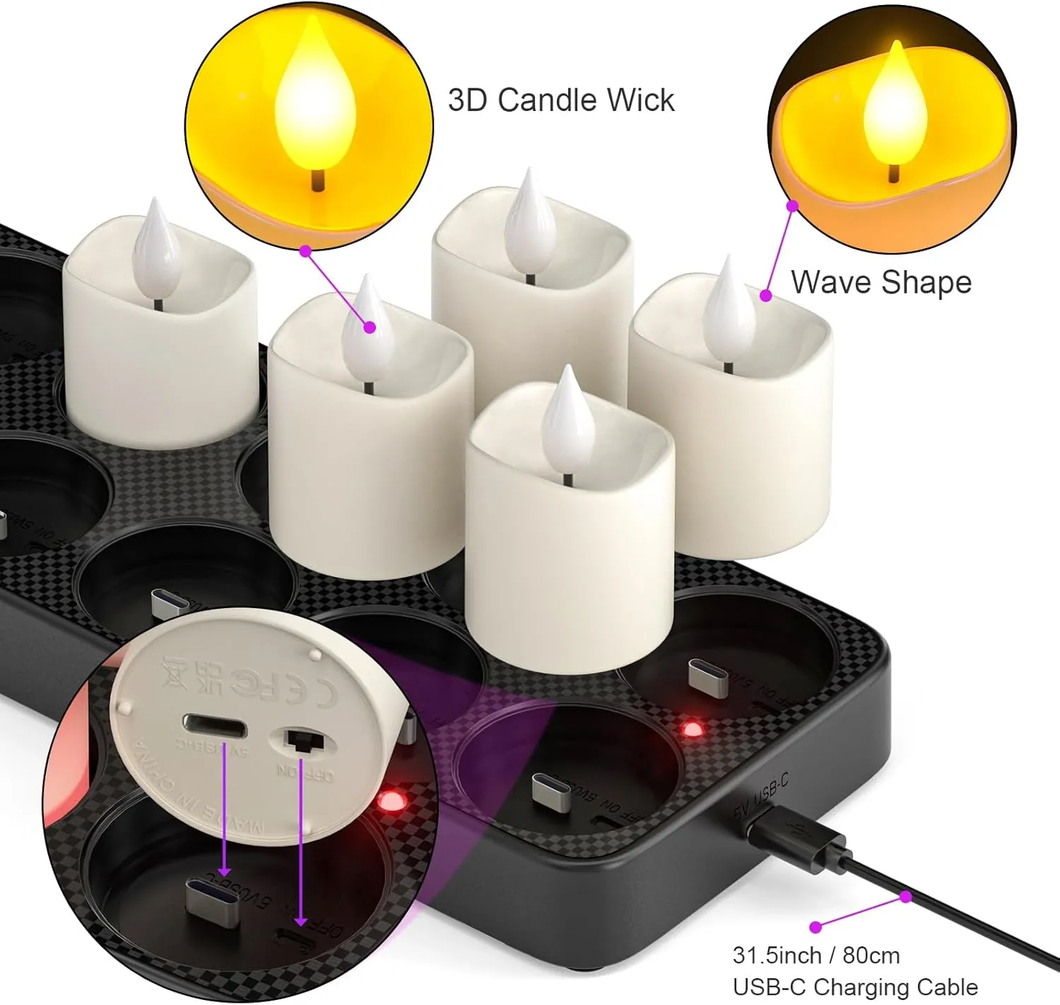 PChero Flameless Candles with Remote Timer & Charging Station, 12 Pack USB Rechargeable LED Tea Lights Battery Operated Fake Votive Candles for Wedding Lantern Christmas Home Room Decor