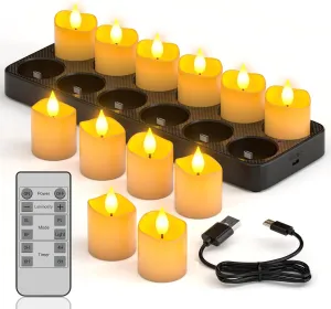 PChero Flameless Candles with Remote Timer & Charging Station, 12 Pack USB Rechargeable LED Tea Lights Battery Operated Fake Votive Candles for Wedding Lantern Christmas Home Room Decor