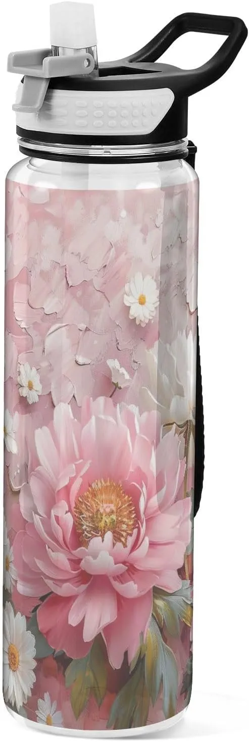 Peony Flower Clear Water Bottle with Straw Lid, BPA-Free Leakproof Sport Water Bottle 32oz Large Gym Water Jug for Men Women Travel Fitness Outdoor