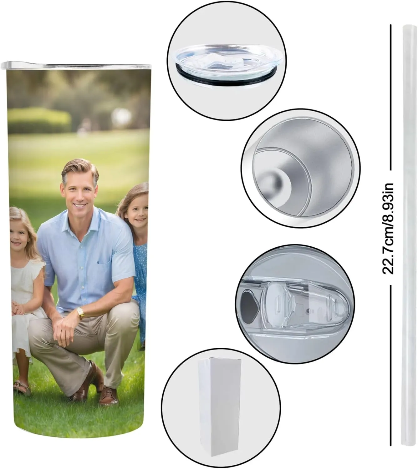 Personalized 20 oz Insulated Tumbler with Straw Lid, Custom Stainless Steel Coffee Cup with Photo Logo Text, Customized Double Walled Vacuum Travel Car Cup