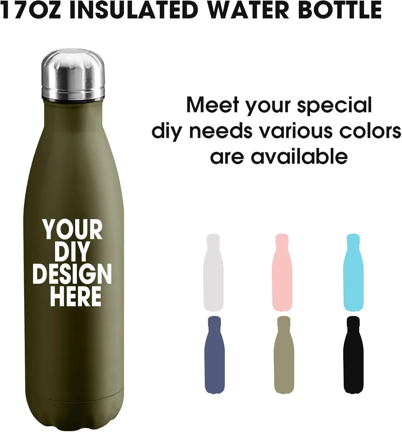 Personalized Custom Water Bottle Print in USA 17oz Stainless Steel Double Wall Leakproof Cups With Colorful Text Logo for Sports Outdoors
