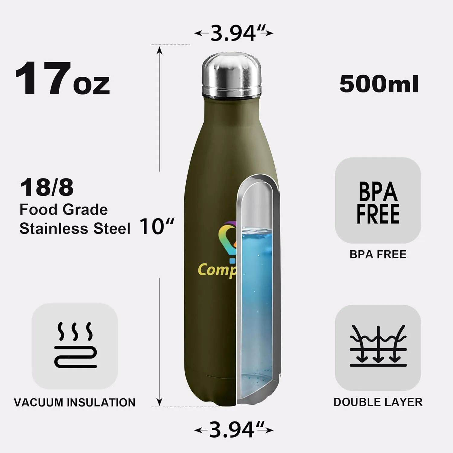 Personalized Custom Water Bottle Print in USA 17oz Stainless Steel Double Wall Leakproof Cups With Colorful Text Logo for Sports Outdoors