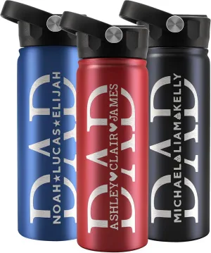 Personalized Dad Water Bottle with Kids Names, 18 Oz, Gifts for Dad From Daughter, Son, Engraved Dad Water Bottle, 9 Colors, 4 Fonts & 5 Icons, Custom Dad Gifts