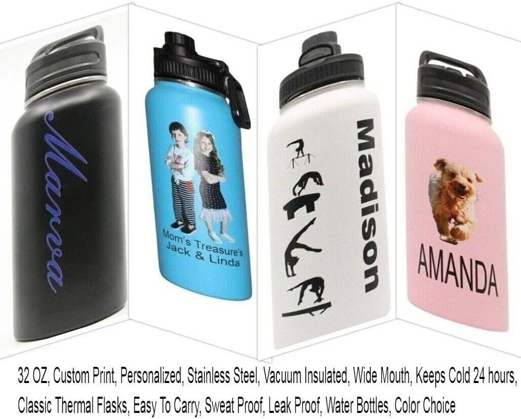Personalized Insulated Stainless Steel Sports 18/32oz Water Bottle Custom Print Engraved Keeps Cold for 24 Hours Classic Easy To Carry Thermal Flasks Color & Design Choice (18oz Plain Bottle)