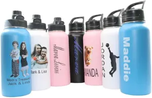 Personalized Insulated Stainless Steel Sports 18/32oz Water Bottle Custom Print Engraved Keeps Cold for 24 Hours Classic Easy To Carry Thermal Flasks Color & Design Choice (32oz Bottle W/Name)