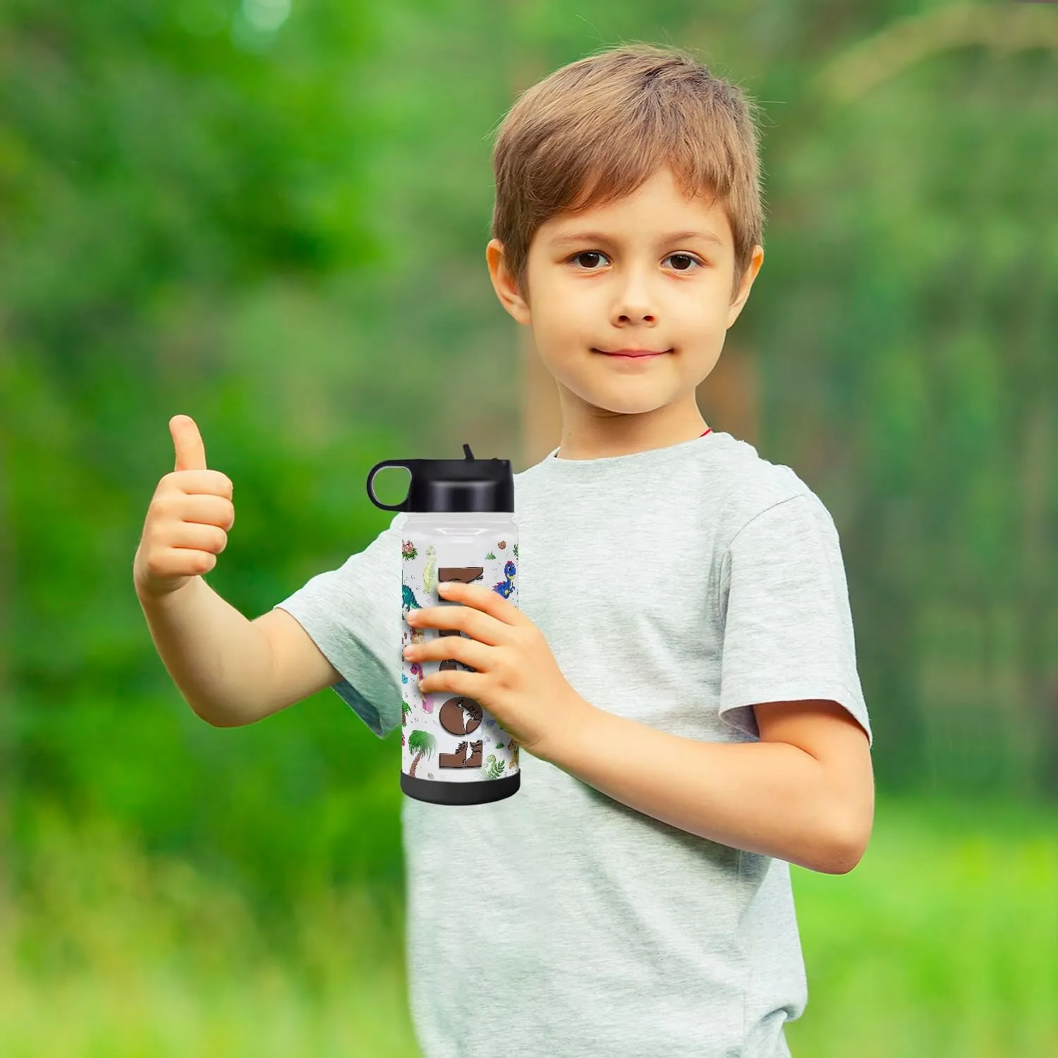 Personalized Kids Dinosaur Water Bottle with Lid and Protective Silicone Boot Custom 18 oz Modern Insulated Stainless Steel for Boys
