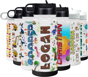 Personalized Kids Dinosaur Water Bottle with Lid and Protective Silicone Boot Custom 18 oz Modern Insulated Stainless Steel for Boys