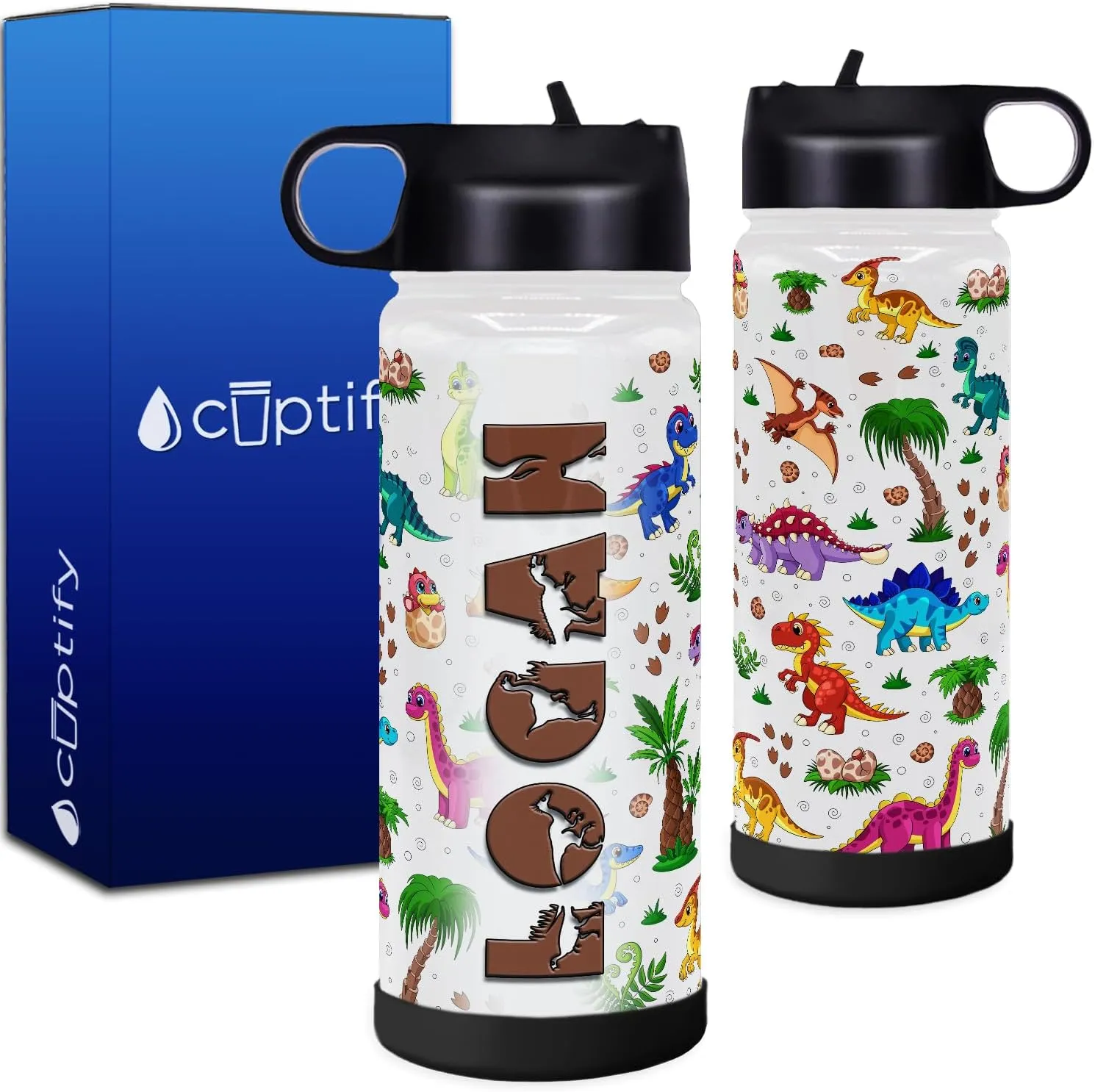 Personalized Kids Dinosaur Water Bottle with Lid and Protective Silicone Boot Custom 18 oz Modern Insulated Stainless Steel for Boys