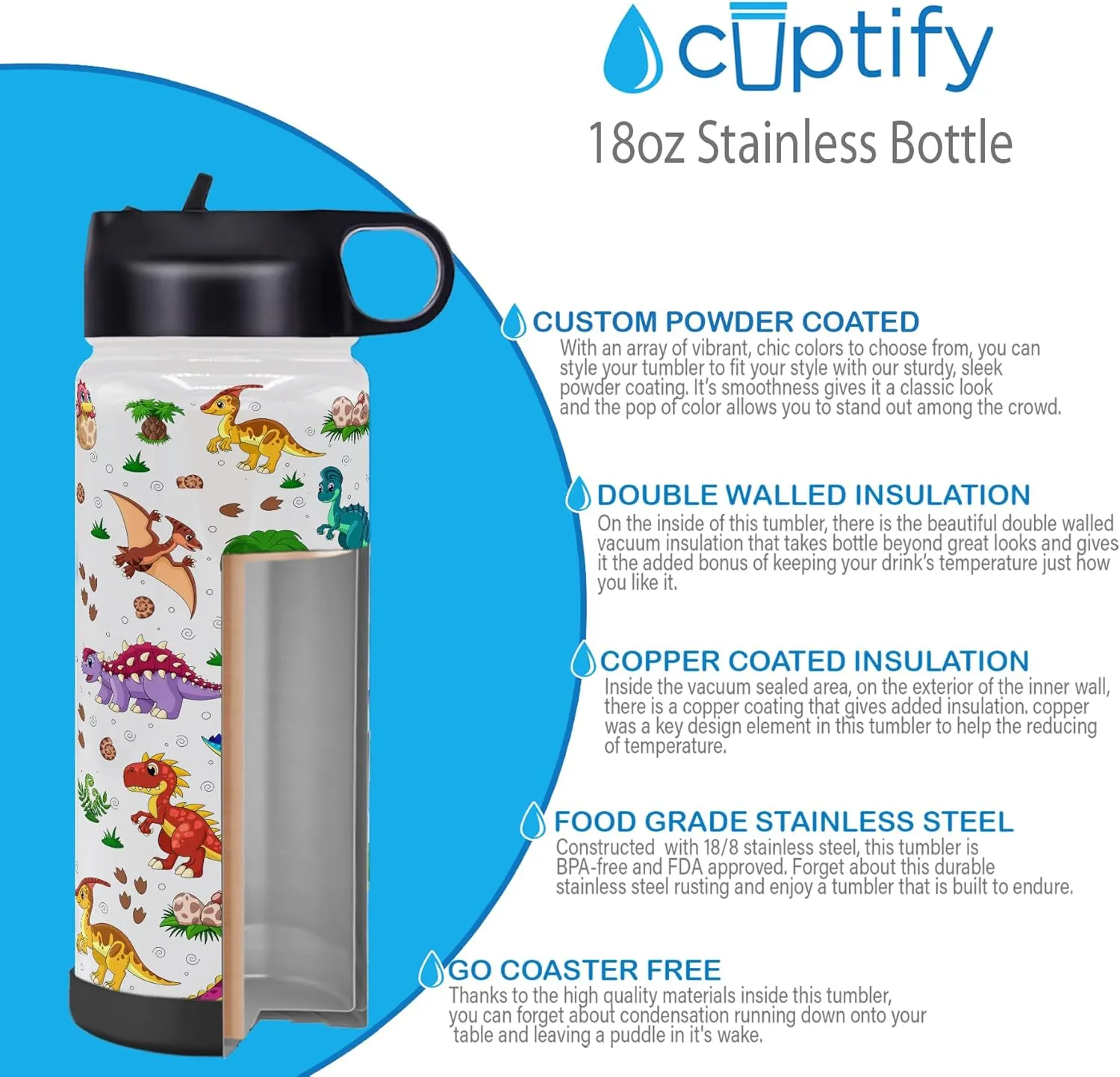 Personalized Kids Dinosaur Water Bottle with Lid and Protective Silicone Boot Custom 18 oz Modern Insulated Stainless Steel for Boys