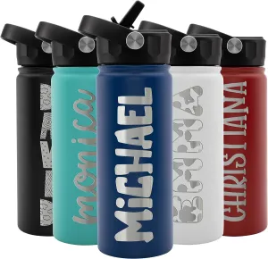 Personalized Kids Water Bottle w Straw & Lid FREE ENGRAVING! Custom Water Bottle w Name for Children, 18 oz - 9 COLOR, BPA Free - Non Sweat - Double Wall Insulated