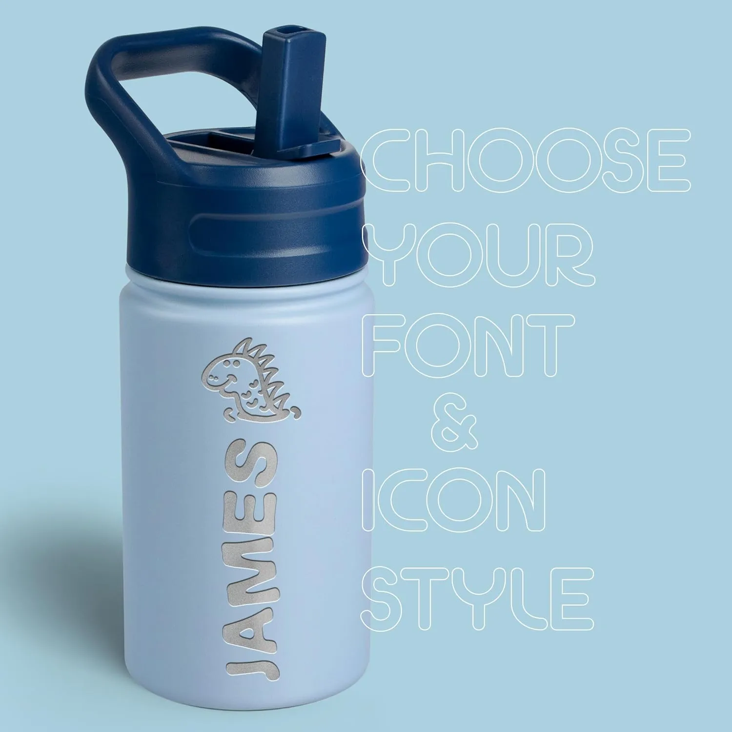 Personalized Kids Water Bottle with Name & Icon - Custom Kids Water Bottle, 12 oz with Leakproof Straw Lid - Back to School, Christmas & Birthday Gift for Boys & Girls, Sky Blue