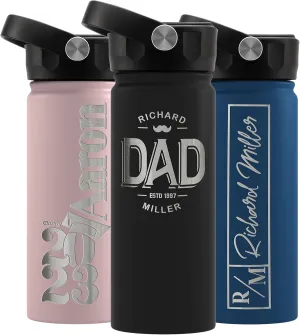 Personalized Water Bottle w Straw Lid Double Wall Insulated | 18 oz - 12 Font - Black | 9 Color Custom Water Bottle w Name and Text, BPA Free - Non Sweat - Vacuum Insulated