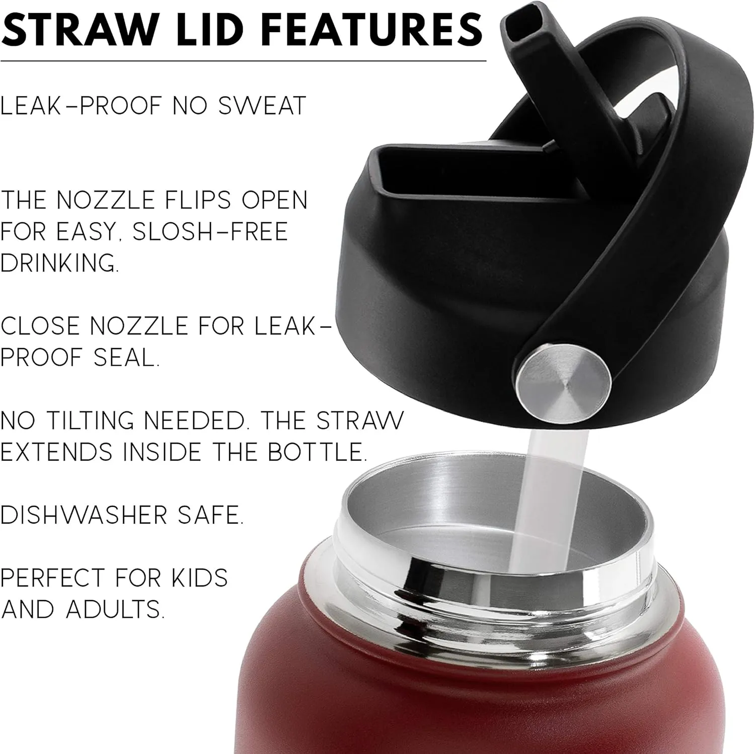 Personalized Water Bottle w Straw Lid Double Wall Insulated | 18 oz - 12 Font - Black | 9 Color Custom Water Bottle w Name and Text, BPA Free - Non Sweat - Vacuum Insulated