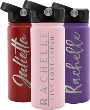 Personalized Water Bottle w Straw Lid Double Wall Insulated | 18 oz - 12 Font - Pink | 9 Color Custom Water Bottle w Name and Text, BPA Free - Non Sweat - Vacuum Insulated