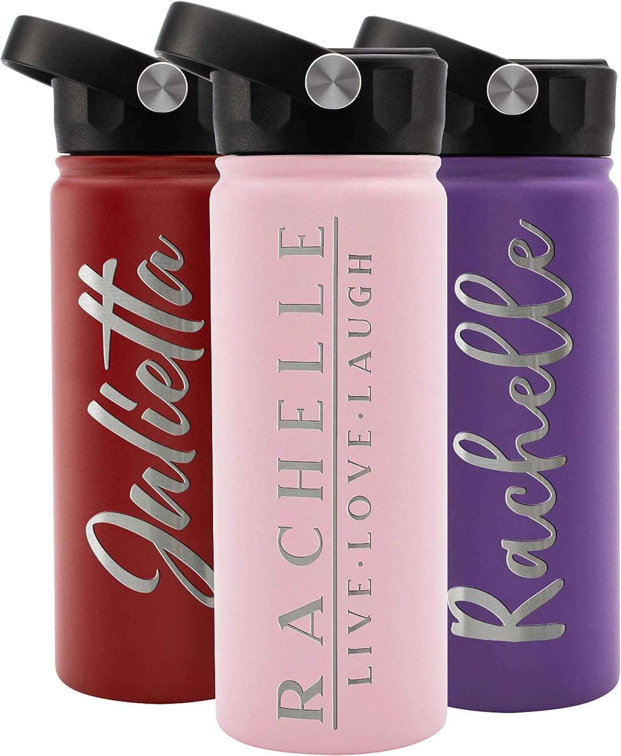 Personalized Water Bottle w Straw Lid Double Wall Insulated | 18 oz - 12 Font - Pink | 9 Color Custom Water Bottle w Name and Text, BPA Free - Non Sweat - Vacuum Insulated