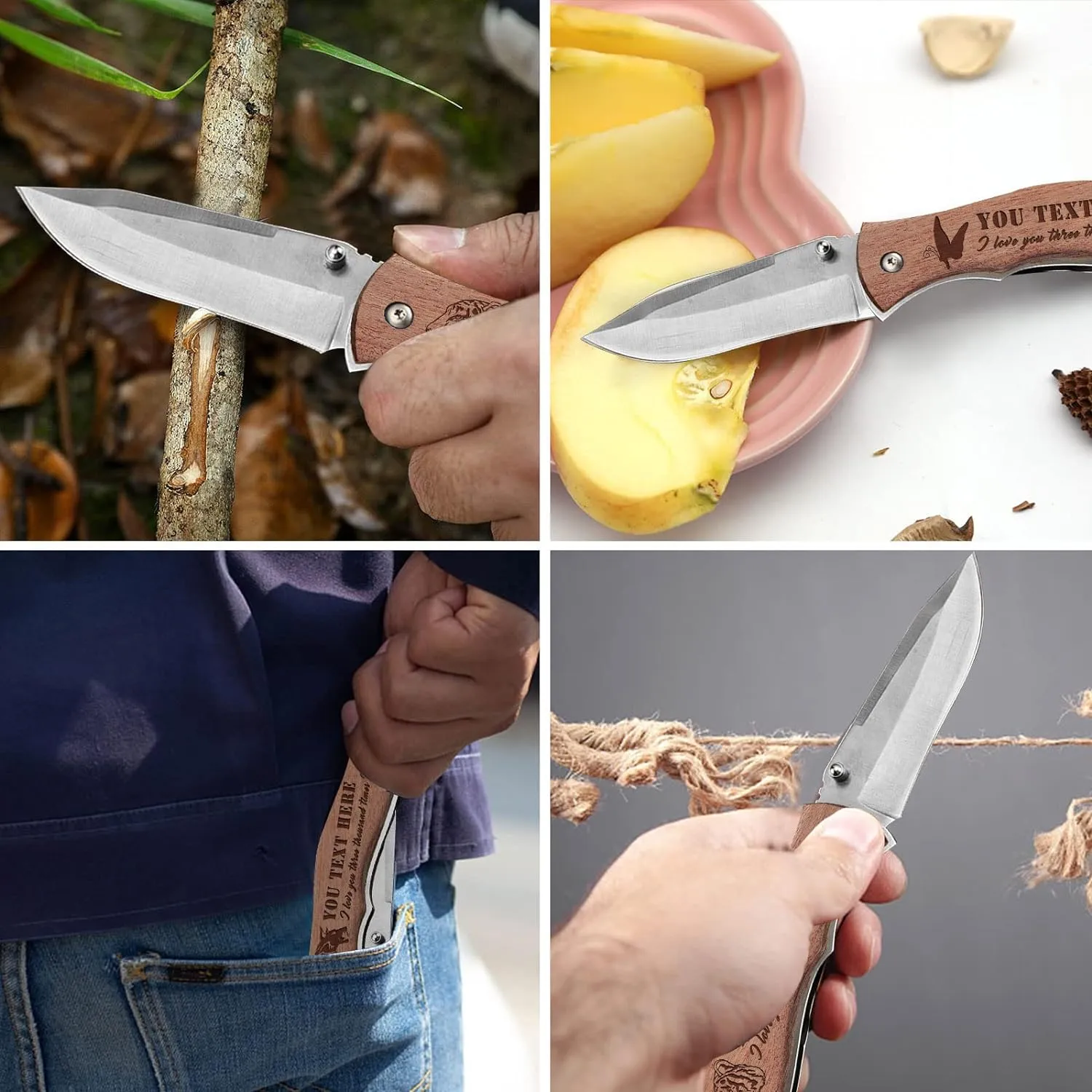 Personalized Wood Pocket Knife Gift Box with Photo Text Custom Engraved Gift Box