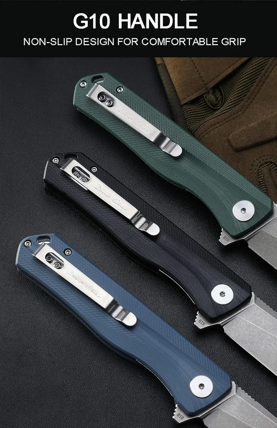 Petrified fish G10 handle D2 steel blade 2CR13 liner ball bearing flipper folding knife camping hunting EDC pocket tool PF818 (Blue, Satin)