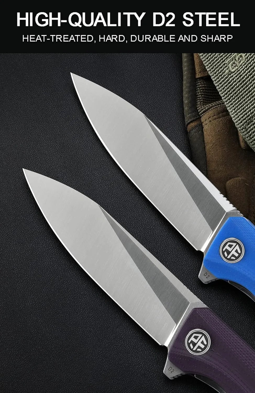 Petrified fish G10 handle D2 steel blade 2CR13 liner ball bearing flipper folding knife camping hunting EDC pocket tool PF818 (Blue, Satin)