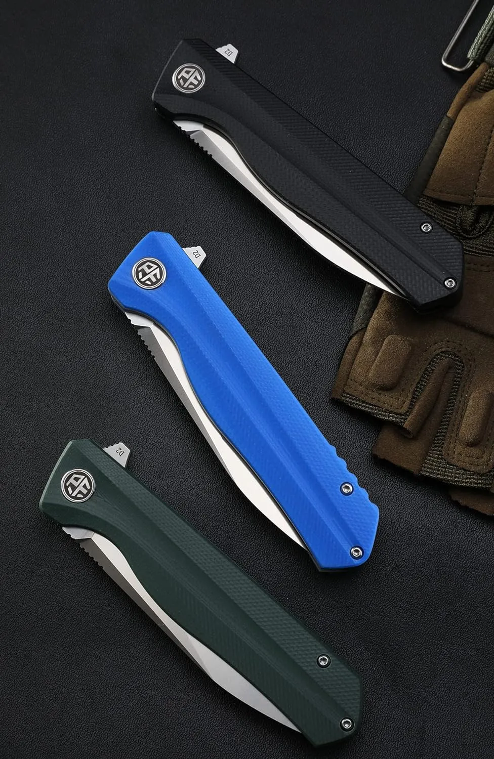 Petrified fish G10 handle D2 steel blade 2CR13 liner ball bearing flipper folding knife camping hunting EDC pocket tool PF818 (Blue, Satin)