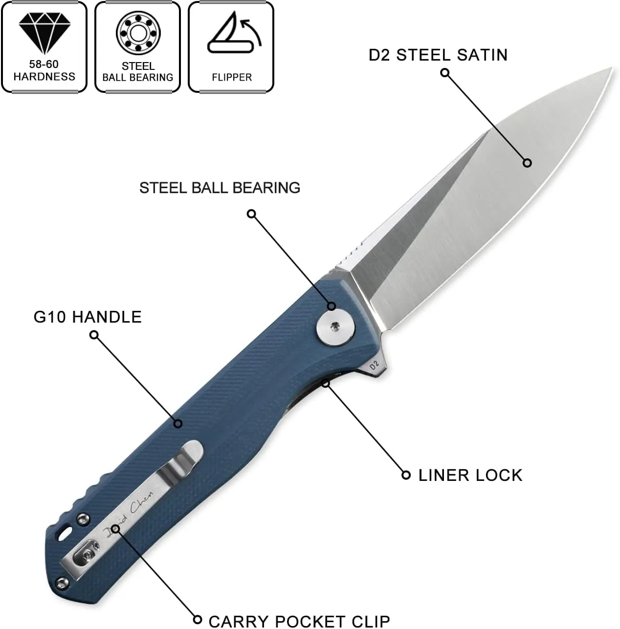 Petrified fish G10 handle D2 steel blade 2CR13 liner ball bearing flipper folding knife camping hunting EDC pocket tool PF818 (Gray, Satin)