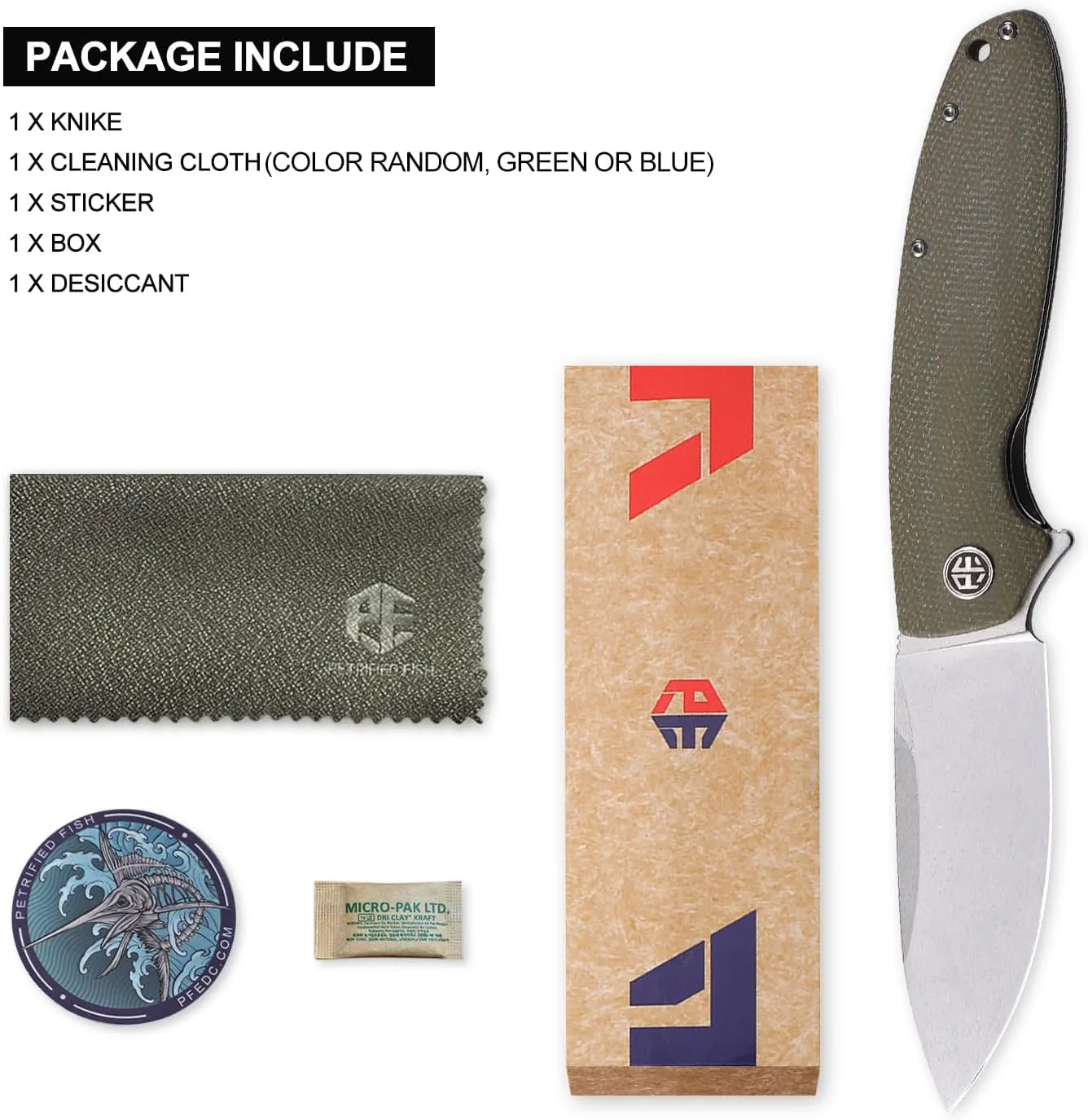 Petrified fish PFB01 Terra,3.54" D2 Steel Blade, Micarta Handle Flipper Liner lock Folding knife (Green)