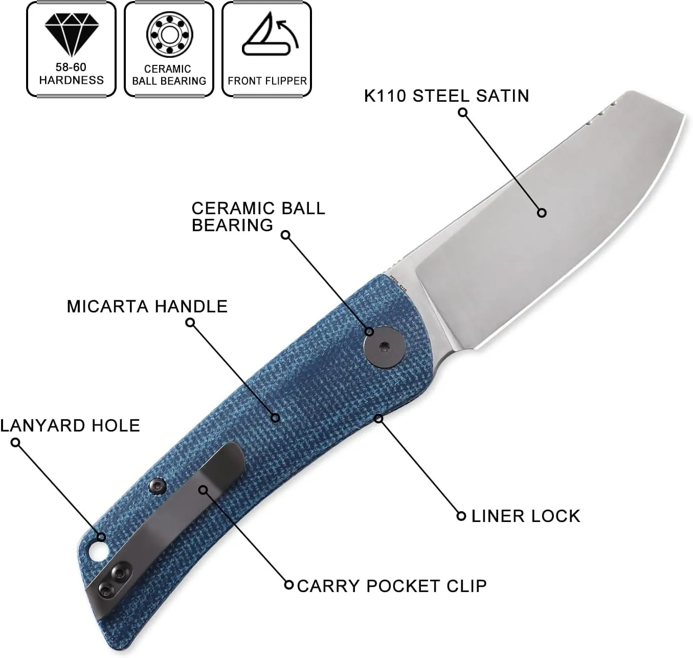 Petrified fish PFE05 Flavorist,3.15" K110 Satin Blade, 94g Micarta Handle Front Flipper Liner lock Folding knife (Blue)