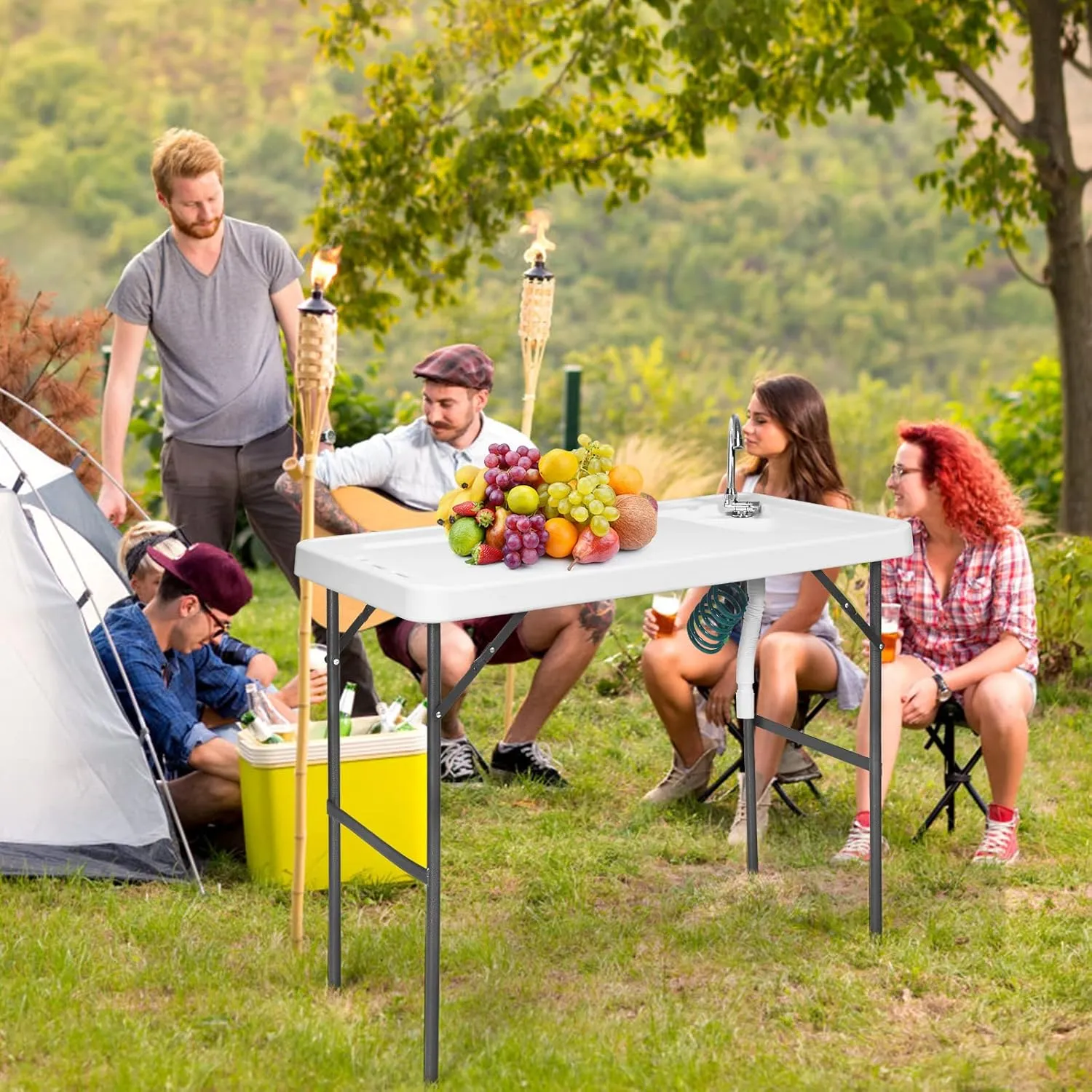 PETSITE Fish Cleaning Table, Portable Camping Sink with Faucet, Outdoor Picnic Foldable Washing Table, White